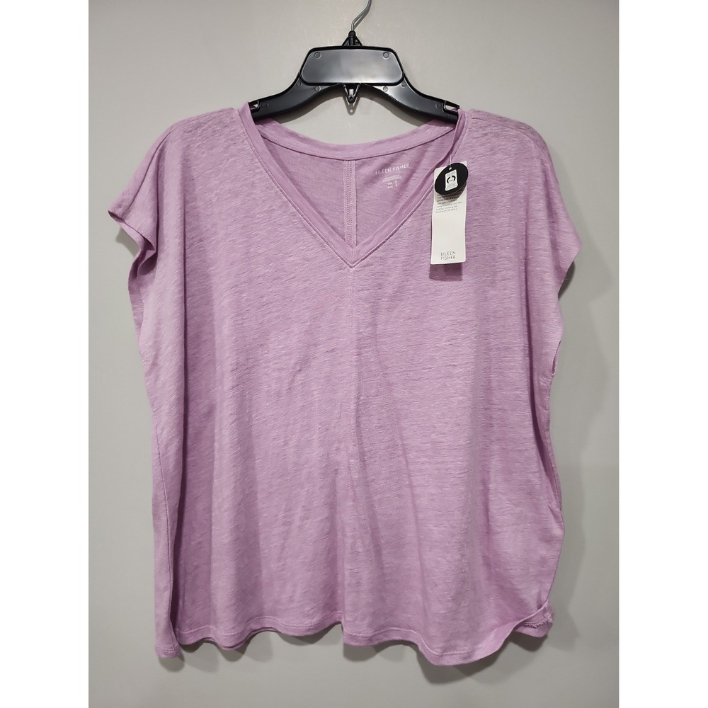 Eileen Fisher NWT 100% Linen Square Tee Womens S Lavender Jersey Shirt V-neck